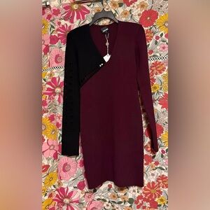 Just Cavalli Asymmetrical Black and Burgundy Stretch Dress